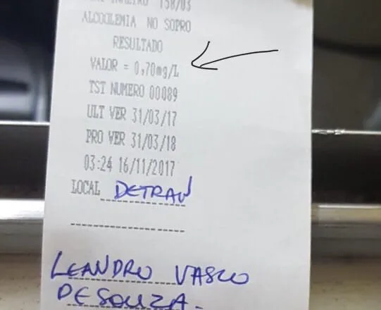 O exame do bafômetro do condutor deu 0,70 mg/l